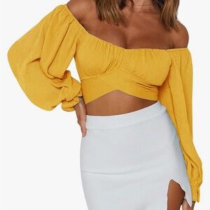 LYANER Women's Cute Off Shoulder Long Sleeve Self Tie Knot Crop Tube Top Blouse